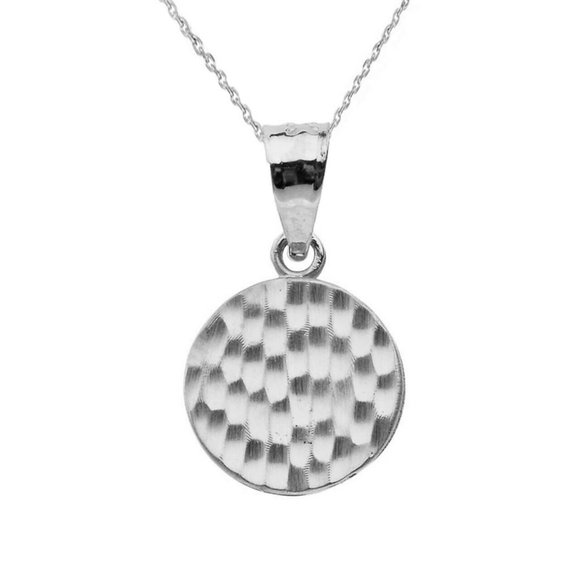 10k White Gold Hammered Mini Small Disk Necklace
